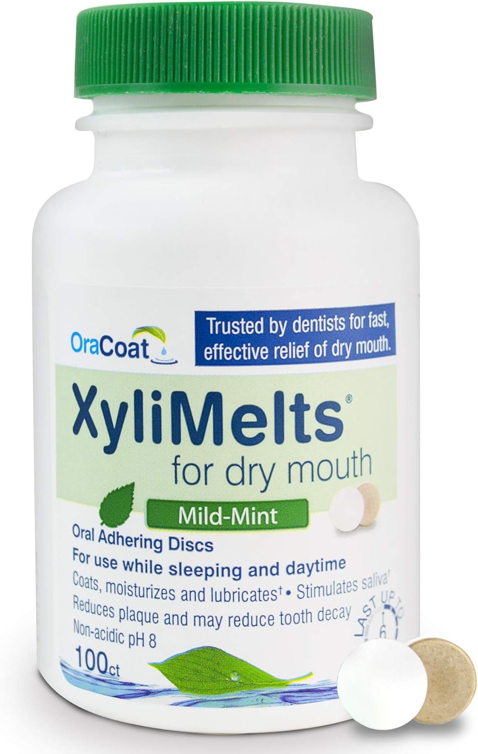 OraCoat XyliMelts Dry Mouth Relief Moisturizing Oral Adhering Discs Mild Mint with Xylitol, For Dry Mouth, Stimulates Saliva, Non-Acidic, Day and Night Use, Time Release for up to 8 Hours, 100 Count: Health & Personal Care