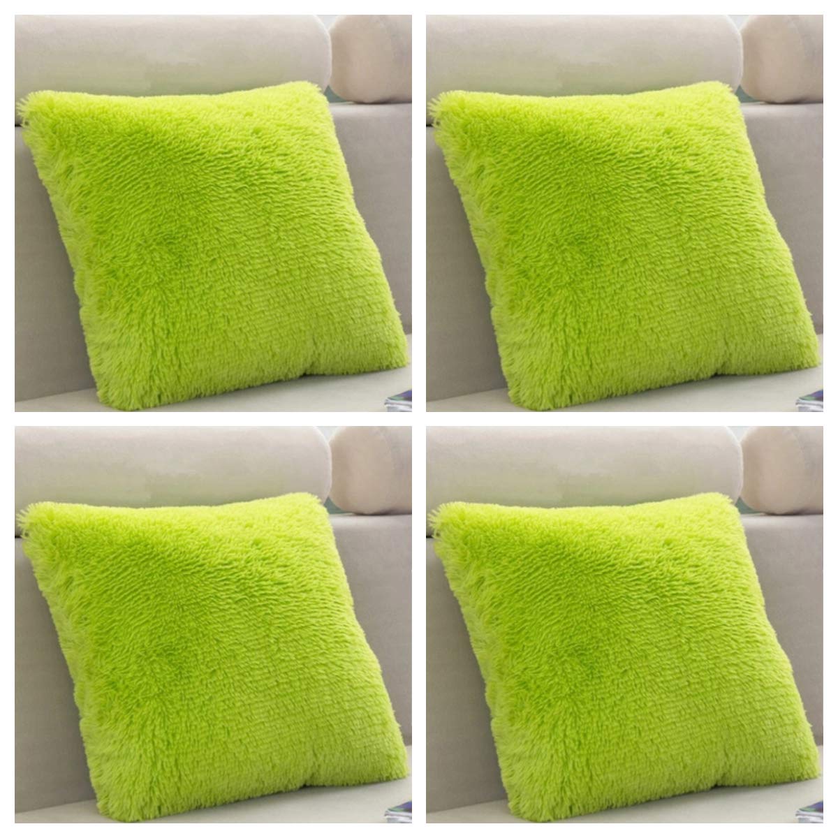 SET OF 4 - Extra Soft Teddy Bear Faux Fur Fleece Cushion Covers 45cm x 45cm / 18x18-14 Amazing Colours (Lime Green)