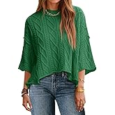 Saodimallsu Womens Cable Knit Cropped Sweaters Oversized 3/4 Sleeve Crew Neck Fall Casual Pullover Tops