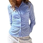Striped Fitted Button Down Shirts Women Y2K Long Sleeve V Neck Collared Blouse Top Coquette Aesthetic Tops