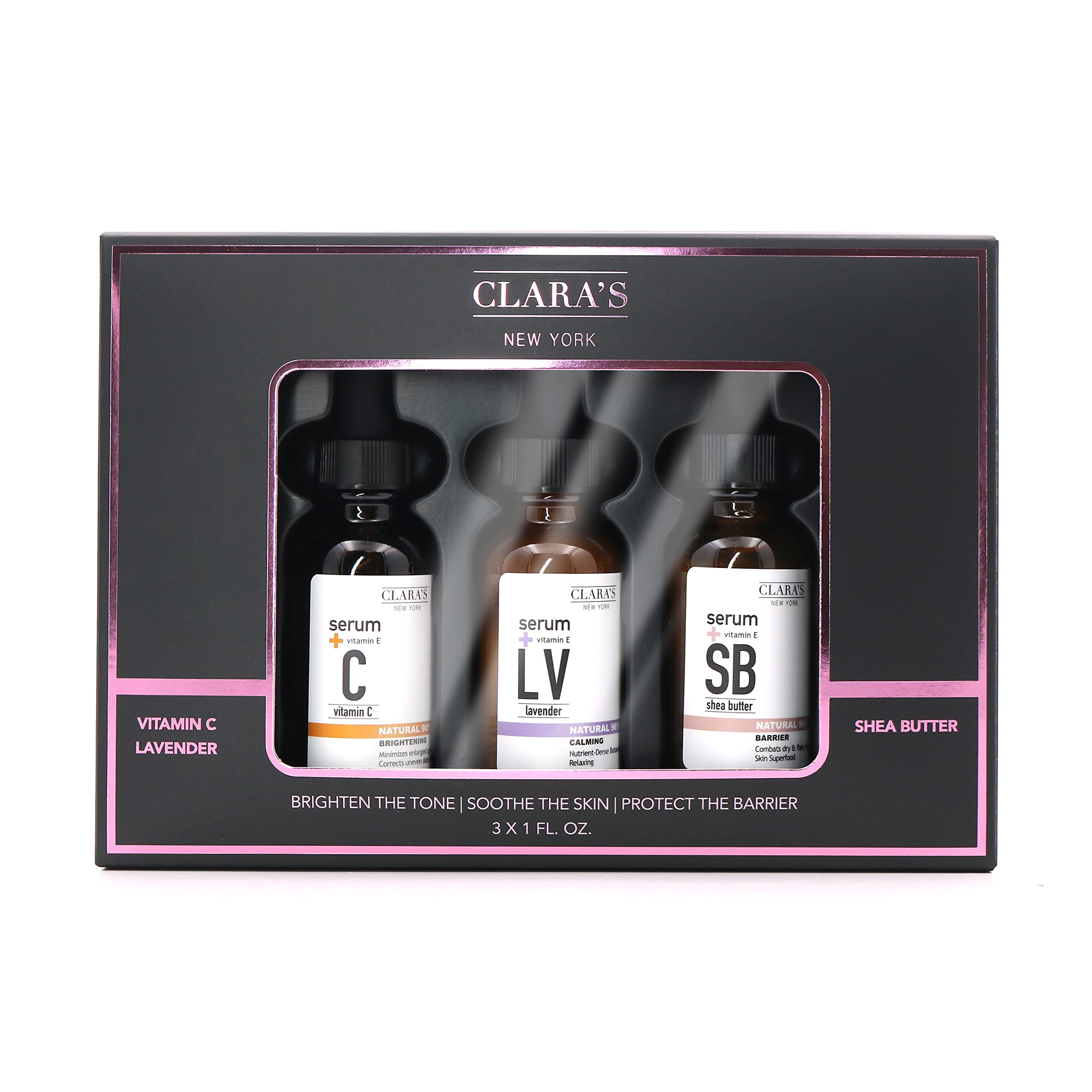 Clara's New York Brighten the Tone Soothe the Skin Protect the Barrier Facial Serum Gift Set, Three Full Size Face Serums with Vitamin C Lavender and Shea Butter 3 x 30ml