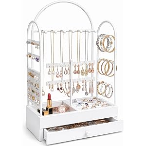 Jewelry Holder, Jewelry Storage Organizer Stand with Velvet Tray & Drawer, Earring Holder & Necklace Display, Multi-section S