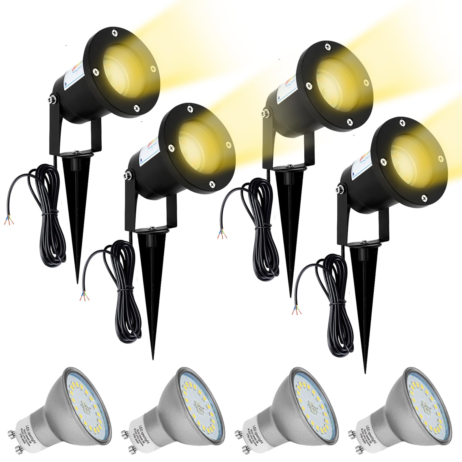 Wondlumi 4X Garden Spike Lights, Upgraded GU10 Garden Spot Light Mains Powered Landscape Spotlights IP65 Waterproof Outdoor Uplights for Pathway, Incl. 5W LED Bulbs Warm White