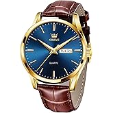 OLEVS Watches for Men Brown Leather Gold Case Analog Quartz Fashion Business Dress Watch Day Date Luminous Waterproof Casual Male Wrist Watches