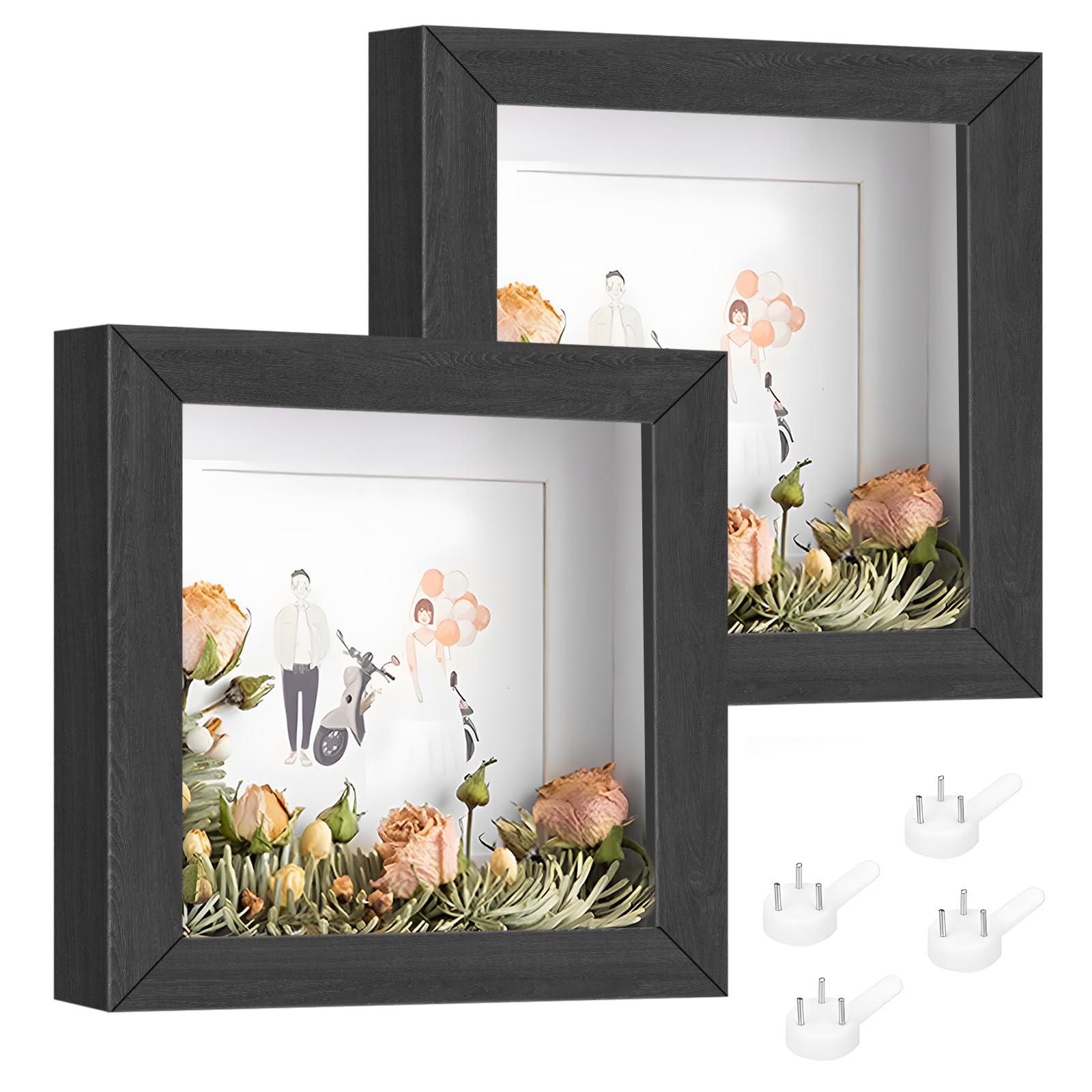 SIMDAO 2Pcs 3D Picture Frame 20x20 cm, Deep for Filling with Acrylic Plate, 3 cm Inner Depth, Wooden Shadow Box Baby Wedding Favours, Photos, Flowers, Tickets (Black, Square), (JJ6229-611)
