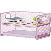 Marbrasse 2 Tier Paper Organizer Letter Tray, Mesh File Organizer with Handle, Paper Sorter Desk Organizer for Home Office Supplies - Pink