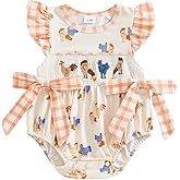 SHUING Newborn Baby Girl Outfits Farm Chicken Plaid Sleeveless Ruffle Smocked Romper Infant Bodysuit Western Clothes Summer