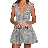 Women Christmas Plaid Mini Dress Spaghetti Strap Sleeveless V Neck Tiered Dress Backless Gingham Suit for Party