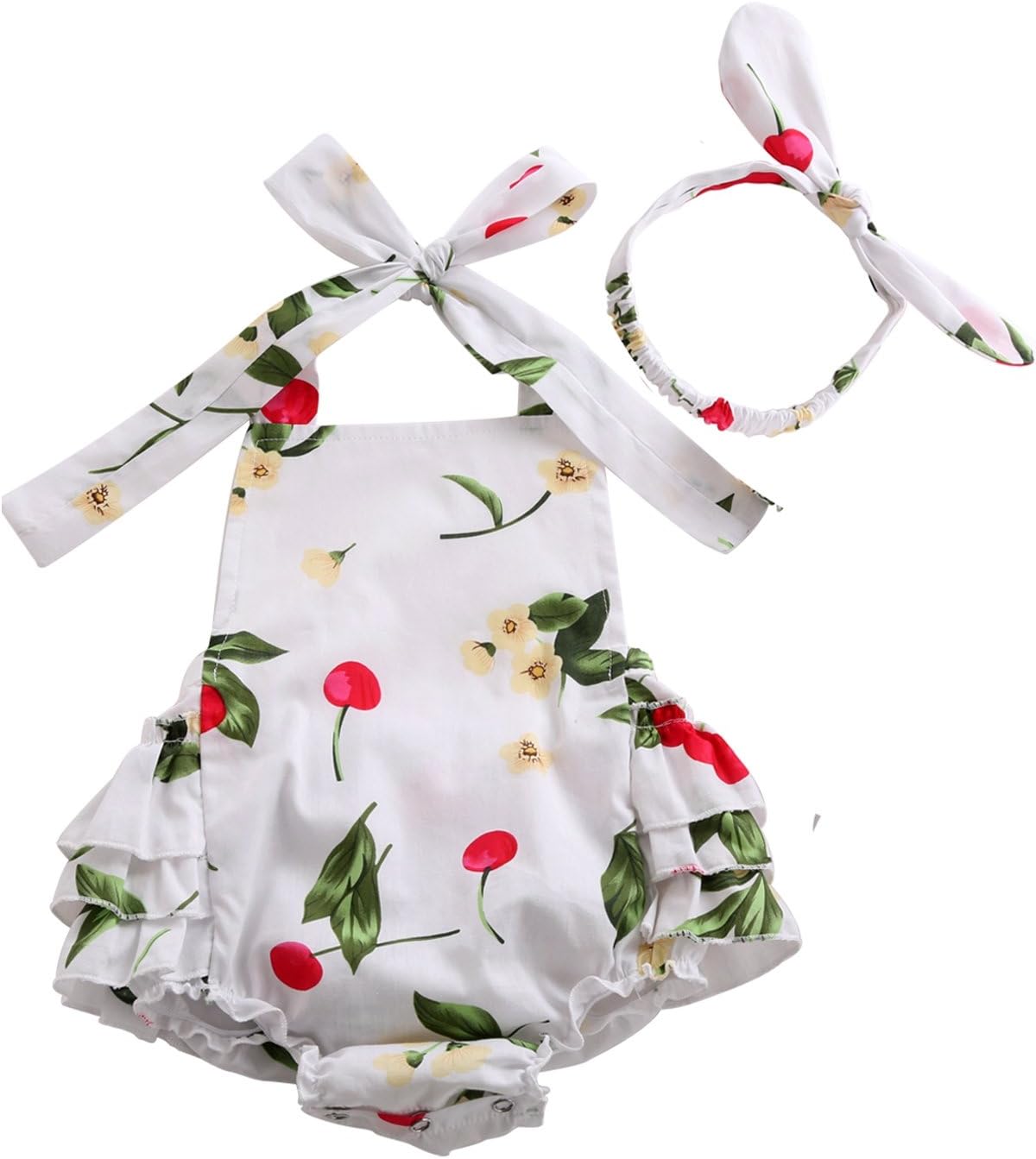 Fubin Baby Girl's Floral Print Ruffles Romper Summer Clothes With Headband