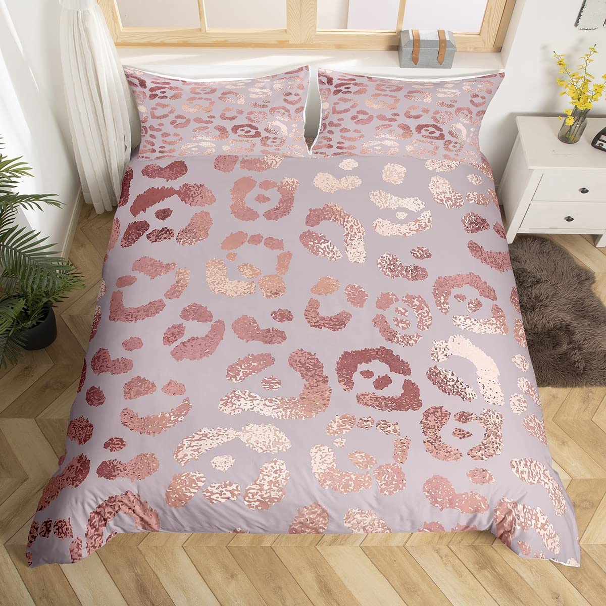 Homewish Cheetah Print Bedding Set Super King Rose Gold Colored Leopard Print Comforter Cover Luxury Pink Sequin Duvet Cover Safari Animal Bedding,Ultra Soft Cozy Durable Quilt Cover