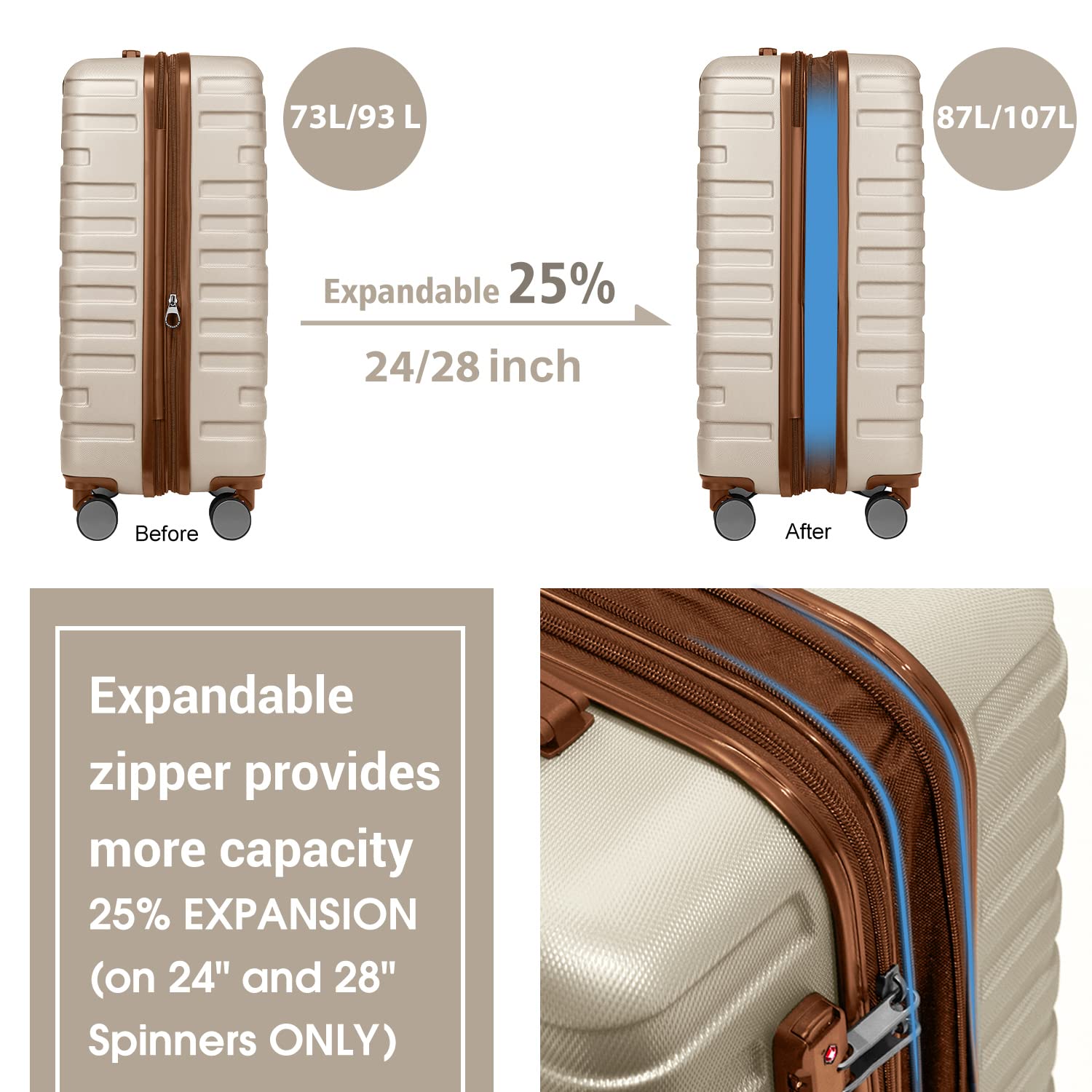 LARVENDER Luggage Sets for Women 6 Piece Hardside Expandable Suitcases with Wheels TSA Lock, Lightweight Travel Carry On Suitcase Set with Two Cosmetic Cases, White Brown