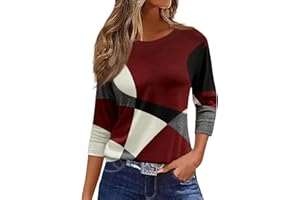 DBOWMN Tshirts Shirts for Women Crewneck 3/4 Sleeve Business Casual Tops for Women Striped Print Tees Summer Blouses