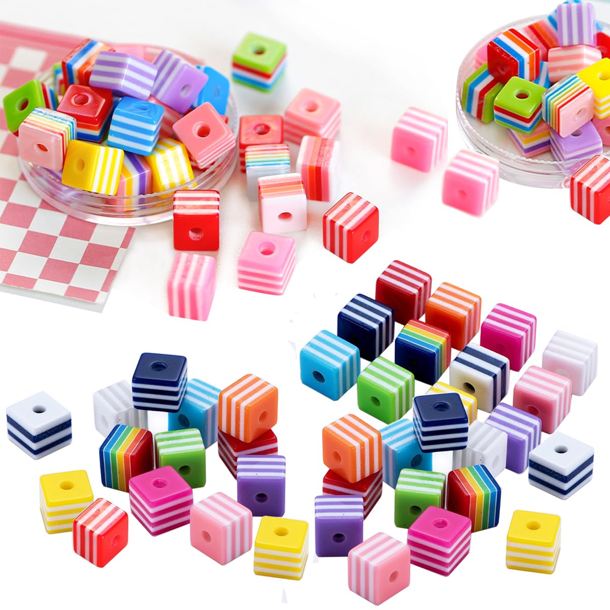 Photo 1 of 200pcs 8mm Resin Stripe Beads Mixed Colors Square Rainbow for Jewelry Making - Plastic Cube Colorful Spacer for Bracelets DIY Crafts Christmas Ornament Gifts