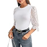 Women Crew Neck Lace Eyelet Ruffle Short Sleeve/Long Puff Sleeve Cotton Tops Loose Fit Stretch T Shirt