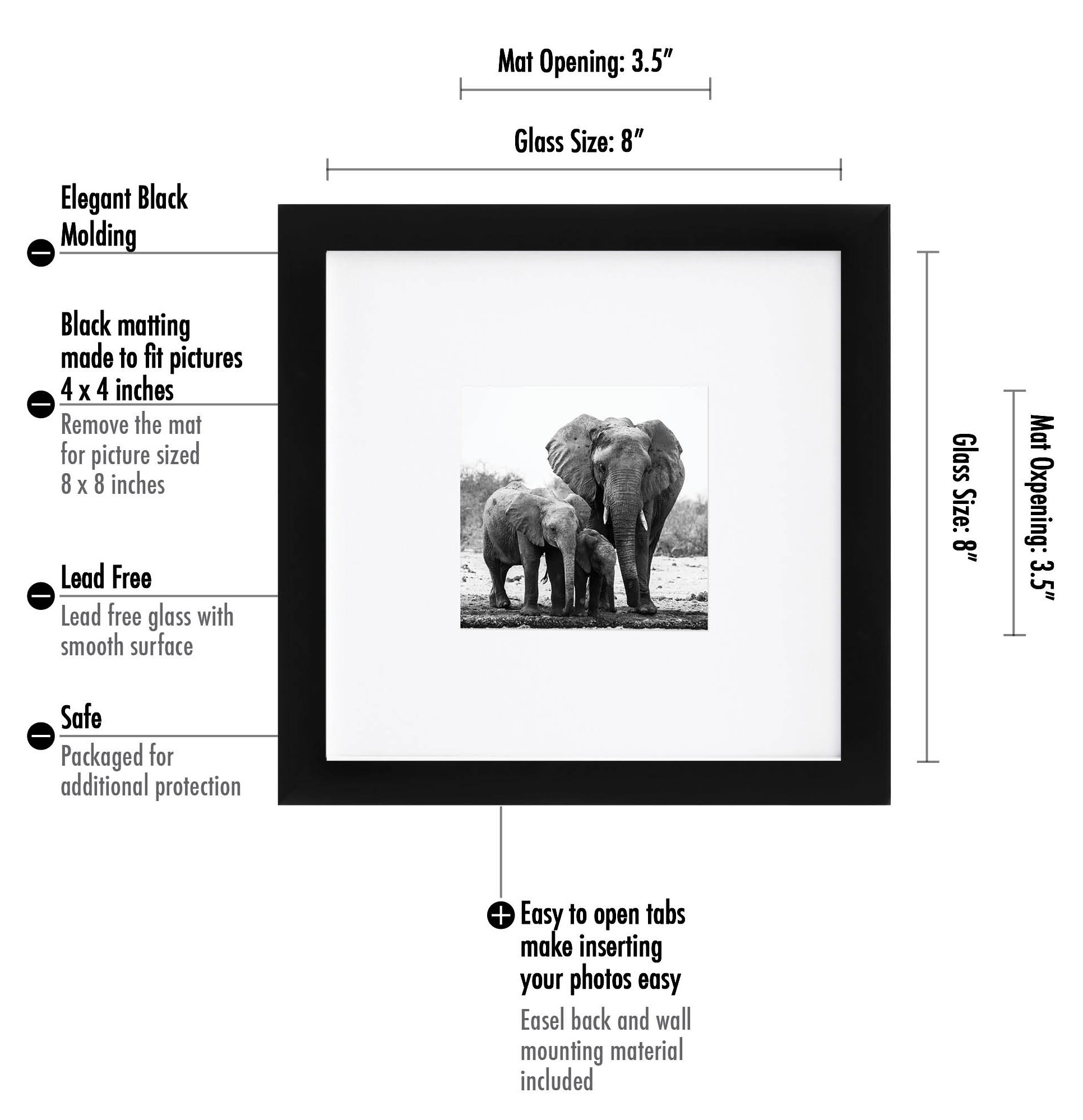 8x8 Black Picture Frame - Matted to Fit Pictures 4x4 ...