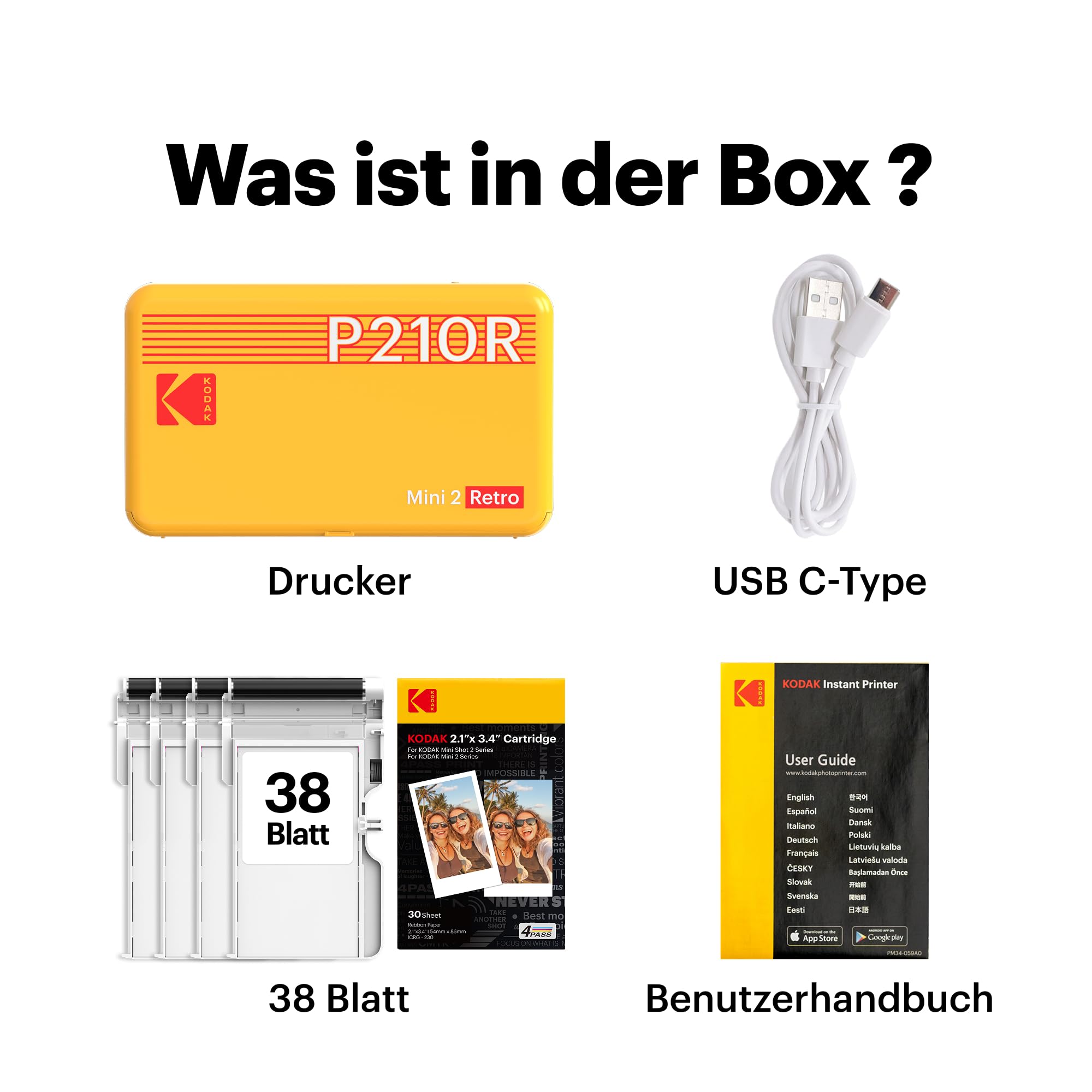 KODAK Mini 2 Retro 5,3 x 8,6 cm tragbarer Fotodrucker, 38 Blatt, Bluetooth-Smartphone-Drucker für iPhone und Android, sofortige Farbdrucke, 4-Pass-Farbsublimation 8