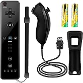 YOVONAZE Compatible with Nintendo Wii Controller, Wii Remote with Nunchuck and Nunchuck Controller with Silicone Case and Wrist Strap for Wii and Wii U, Included 2 AA Batteries (Black), YO-WII-R001