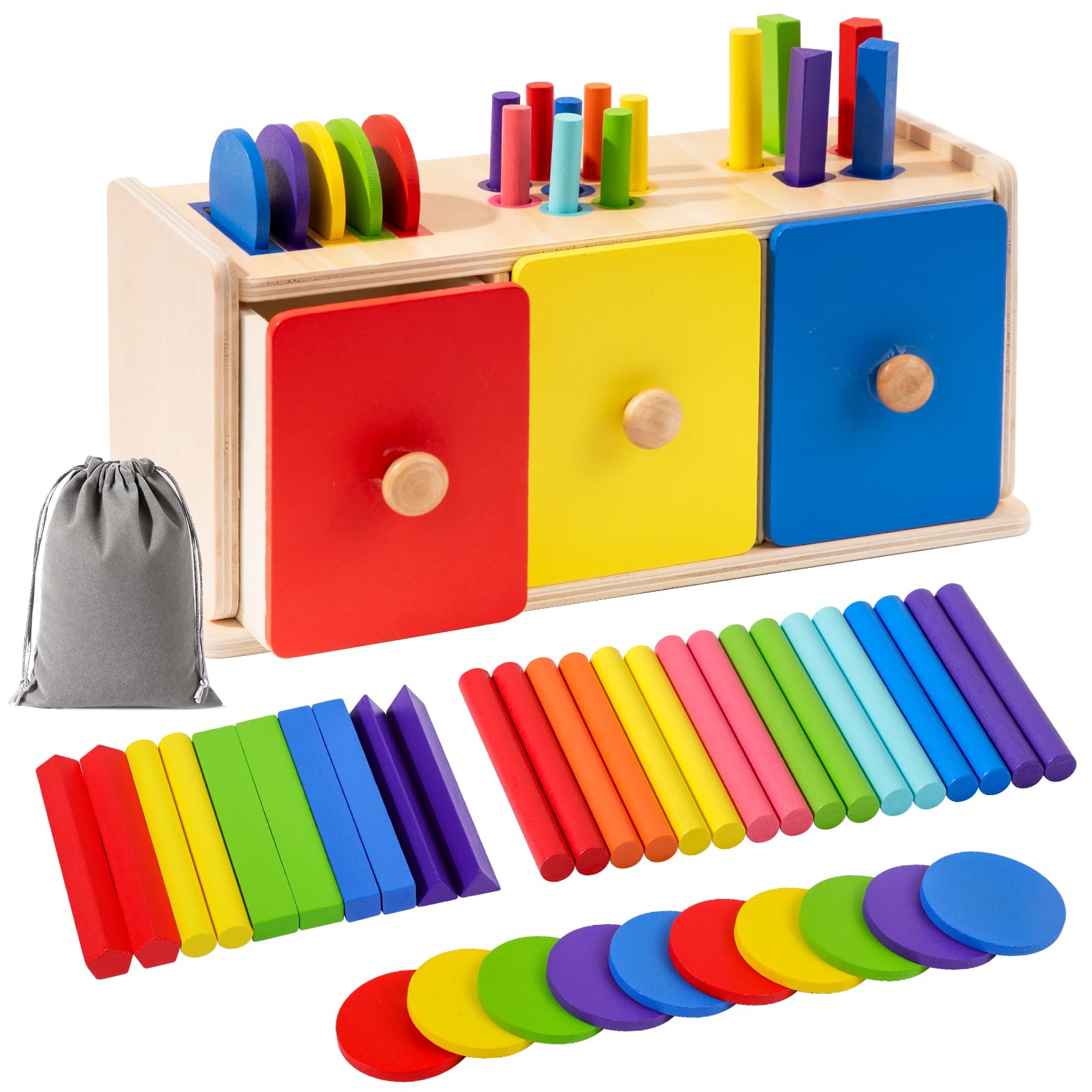 Viosmut 3 in 1 Montessori Toys for 1 2 3 Year Olds Boys Girls, Wooden Shape Sorter Toddler Toys for 1 Year Old, Colour Sorting Baby Sensory Learning Toy Gifts For Birthday Christmas Easter