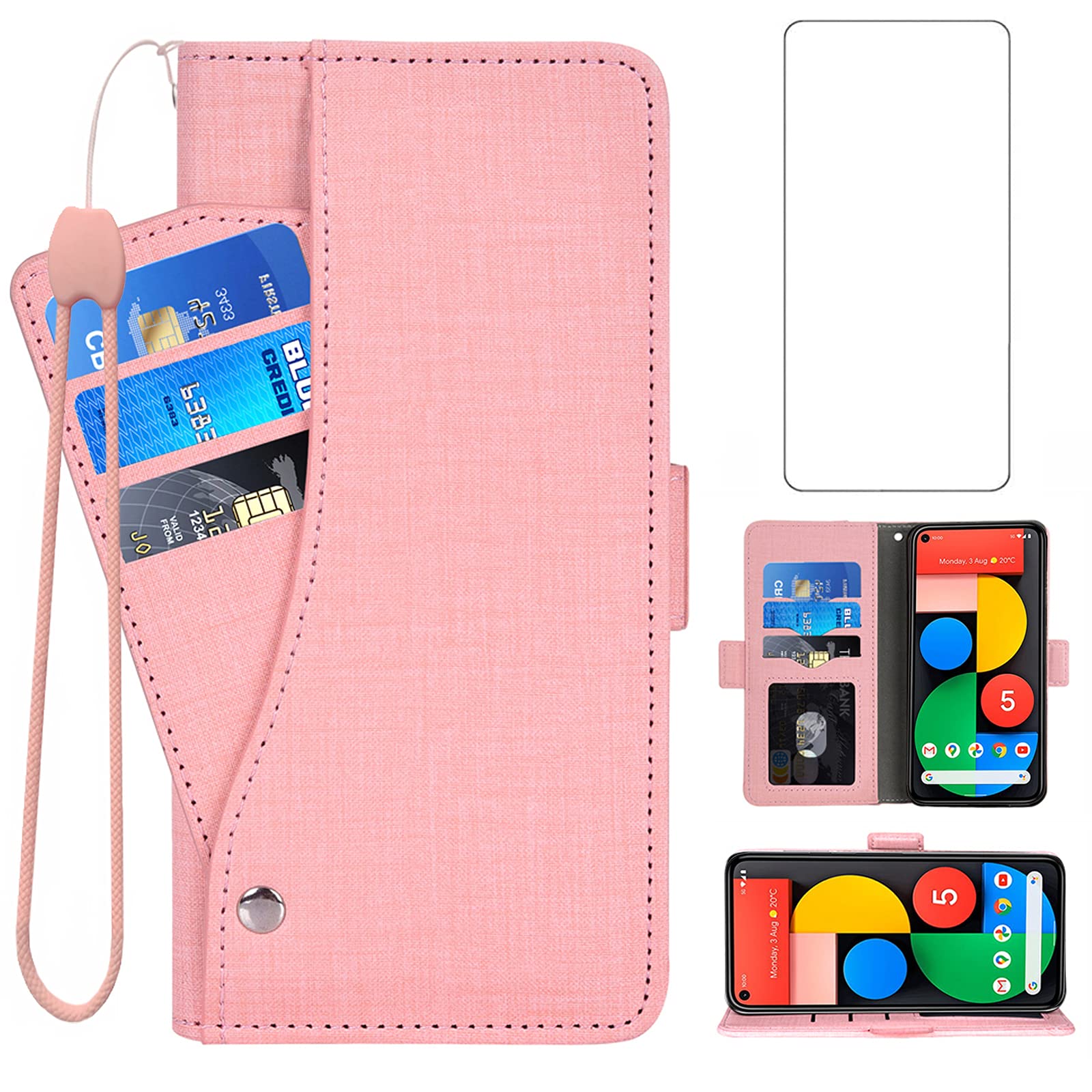 Asuwish Compatible with Google Pixel 5 Wallet Case Tempered Glass Screen Protector and Leather Magnetic Flip Cover Card Holder Stand Cell Accessories Phone Cases for Pixel5 Pixle Five Women Men Pink — image 1