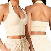 Anncude Halter Longline Sports Bras - Low Impact Open Back Bras Padded Workout Crop Tank with Built in Bra