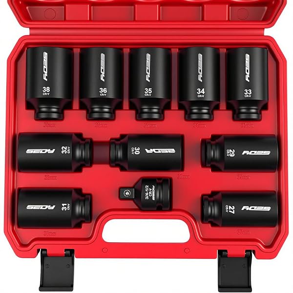 1/2 DRIVE DEEP IMPACT SOCKET SET: 11-PIECE METRIC SIZE WHEEL AXLE NUT WRENCH METRIC LARGE JUMBO 27MM 29MM 30MM 31MM 32MM 33MM 34MM 35MM 36MM 38MM SPINDLE JOINT HIGH TORQUE TRUCK BEARING LOCKNUT