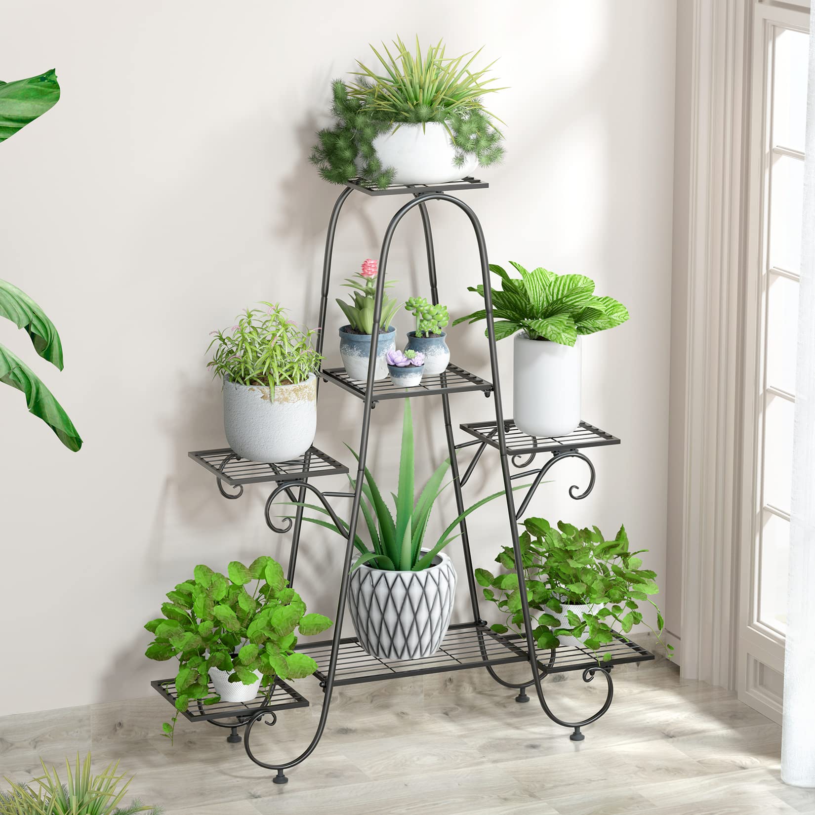 unho Metal Plant Pot Stand: Indoor Outdoor Plant Display Rack Garden Shelf Flower Stands Tiered Plants Holder Black 34”x9.64”x39.17”