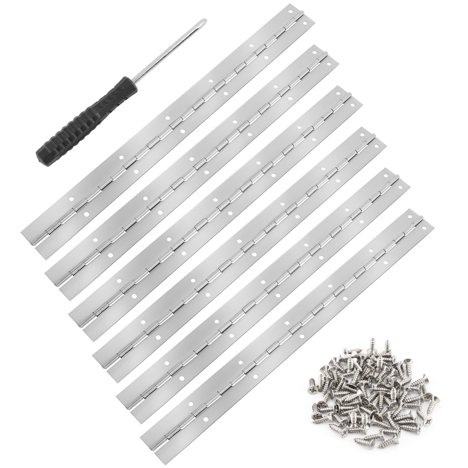 Pack of 6 Piano Tape Stainless Steel, 30 cm Long Hinge Tape with Screwdriver and Screws, Silver Hinge Stainless Steel with Holes for Doors Pianos, Cabinet Doors, Storage Box