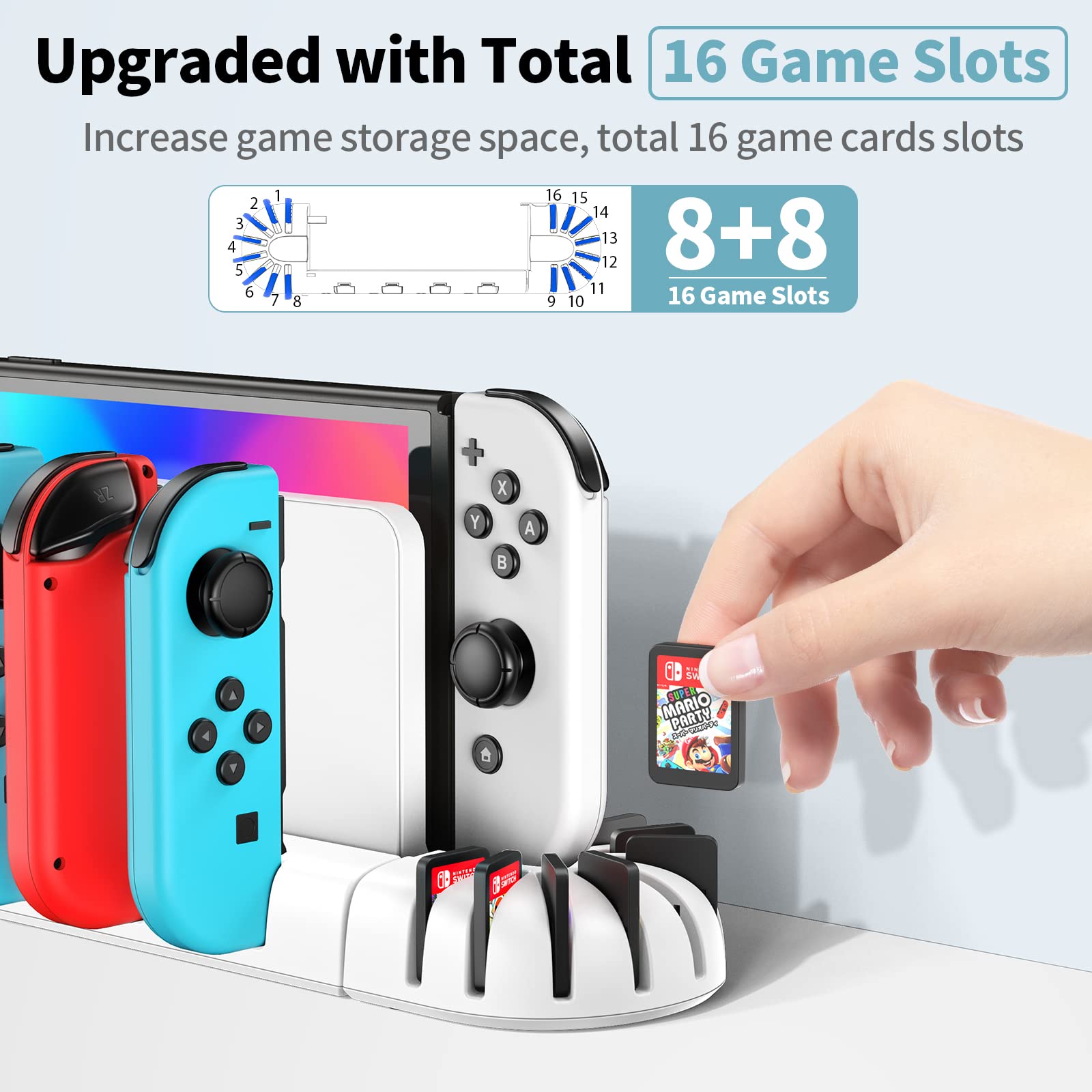 Switch Controller Charger Dock Station for Joycons, OIVO Upgraded 16 Game Slots Charging Dock Compatible with Nintendo Switch & OLED Model Joy-con, Charger for Nintendo Switch Joycon Controller-White