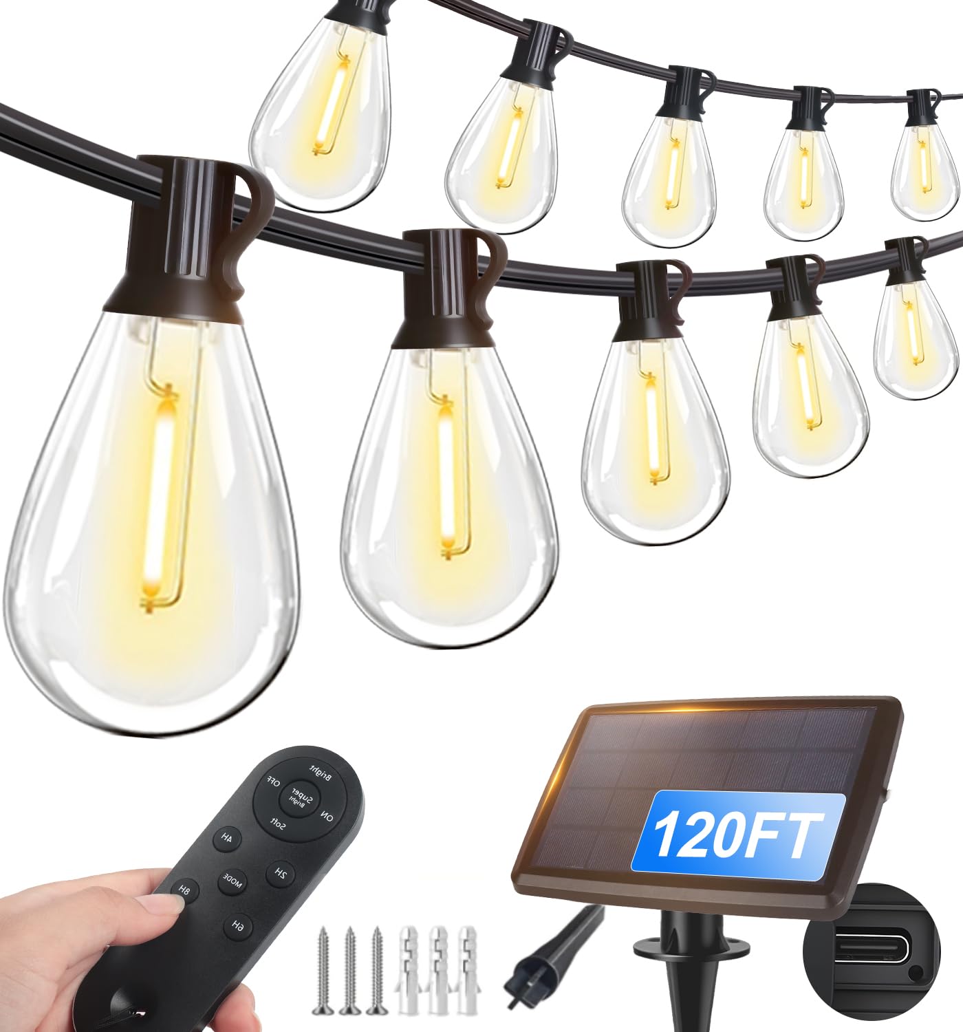 Photo 1 of (JUST LIGHTS) Tenmiro 120FT Solar Outdoor String Lights with Remote and 32+2 LED Shatterproof Bulbs Dimmable & Timing 3 Light Modes Solar Patio String Lights for Cafe, Garden, Deck, Outside Wedding Last for 10+Hrs