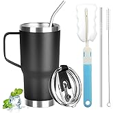 GUDEMAO 20 oz Tumbler with Handle, Stainless Steel Insulated Tumbler with Lid and Straw, Double Wall Vacuum Coffee Mug Tumbler, Insulated Coffee Thermal Cup for Cold and Hot (Black)