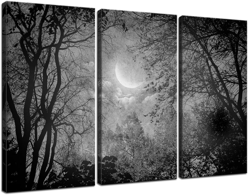 Sea Charm - Black and White Forest Wall Art Tree and Crescent Moon Landscape Canvas Wall Art Stretched and Framed Giclee Artwork Modern Home Living Room Decoation,Each Piece 12"x24"