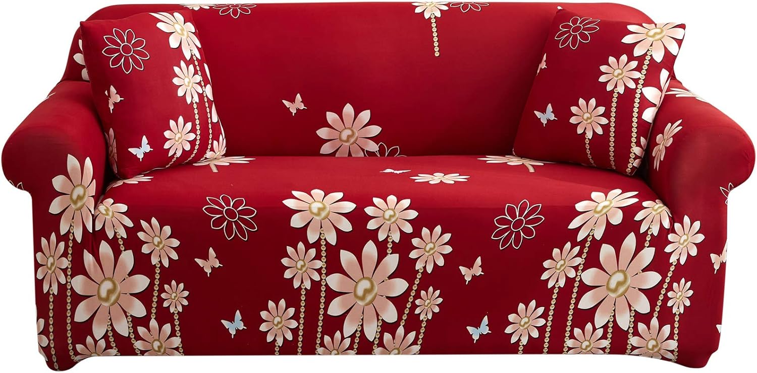 UMETE Stretch Sofa Cover Printed Couch Covers, 1 Piece Loveseat Slipcovers for 2 Cushion Couches, Furniture Protector for Living Room with 2 Pillowcases (Medium,Beige)