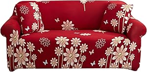 UMETE Stretch Sofa Cover Printed Couch Covers, 1 Piece Loveseat Slipcovers for 2 Cushion Couches, Furniture Protector for Living Room with 2 Pillowcases (Medium,Beige)