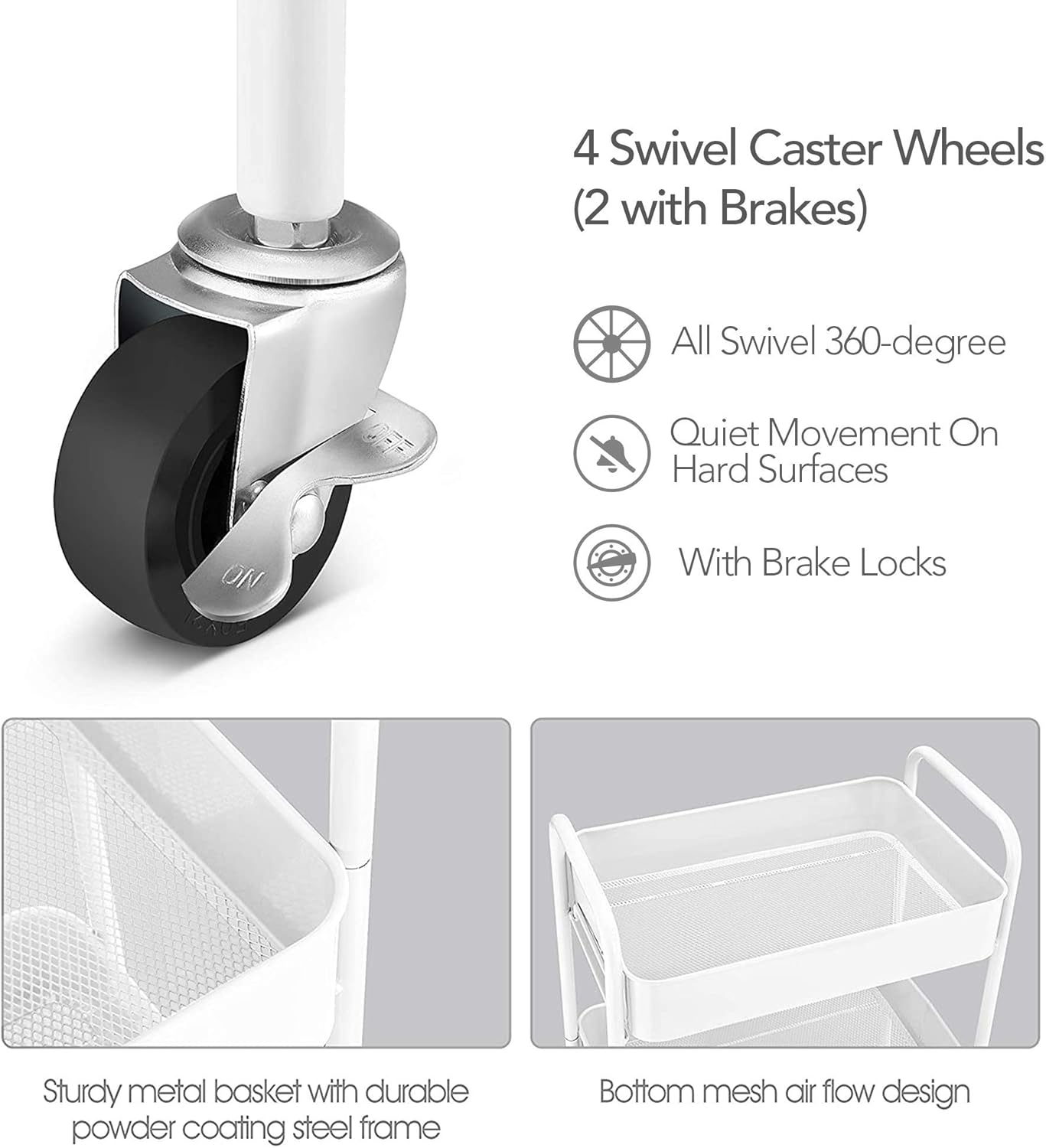 CAXXA 3-Tier Rolling Metal Storage Organizer - Mobile Utility Cart with Caster Wheels, White - Kitchen Islands & Carts