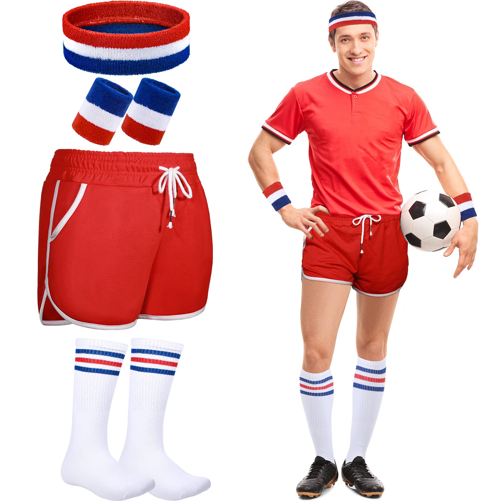 Photo 1 of Jeere 6 Pcs 80s Costume for Men 90s Workout Outfit Set Including Shorts Striped Sweatbands Headband Socks for Mardi Gras(Red, Blue,M)