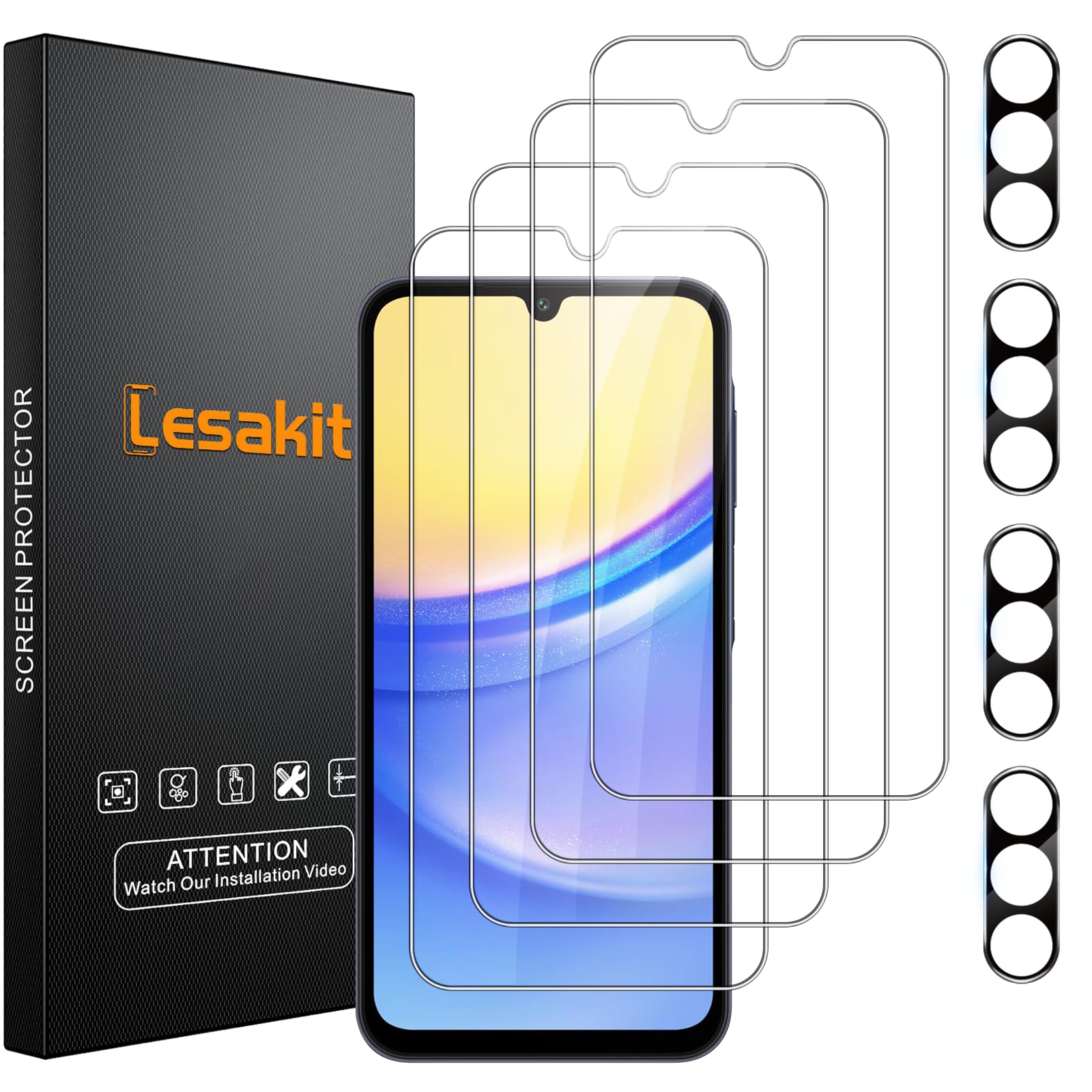 Lesakit Samsung Galaxy A15 5G Screen Protector - 4 Pack Tempered Glass with 4 Pack Camera Lens Protector, 9H Hardness Anti-Fingerprint Case Friendly Bubble Free
