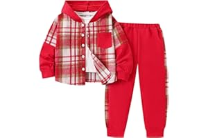 Azmxynol Boys Clothes Plaid Hooded Shirt 2pcs Outfit, Button Front Toddler Fall Winter Hoodie & Sweatpants Set, 4-8 years