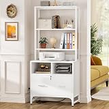 Homieasy Vertical File Cabinet with Charging Station, Lock & Large Drawer, Printer Stand with Storage Shelves, Office Storage Cabinet fits Letter/A4/Legal Size, White