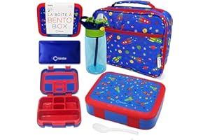 kinsho Bento Lunch Box, Water Bottle, Ice Pack Set for Kids Toddlers, 5 Portion Sections, Removable Plastic Tray, Pre-School Kid Toddler Daycare Lunches, Snack Container, Blue Space Rocket
