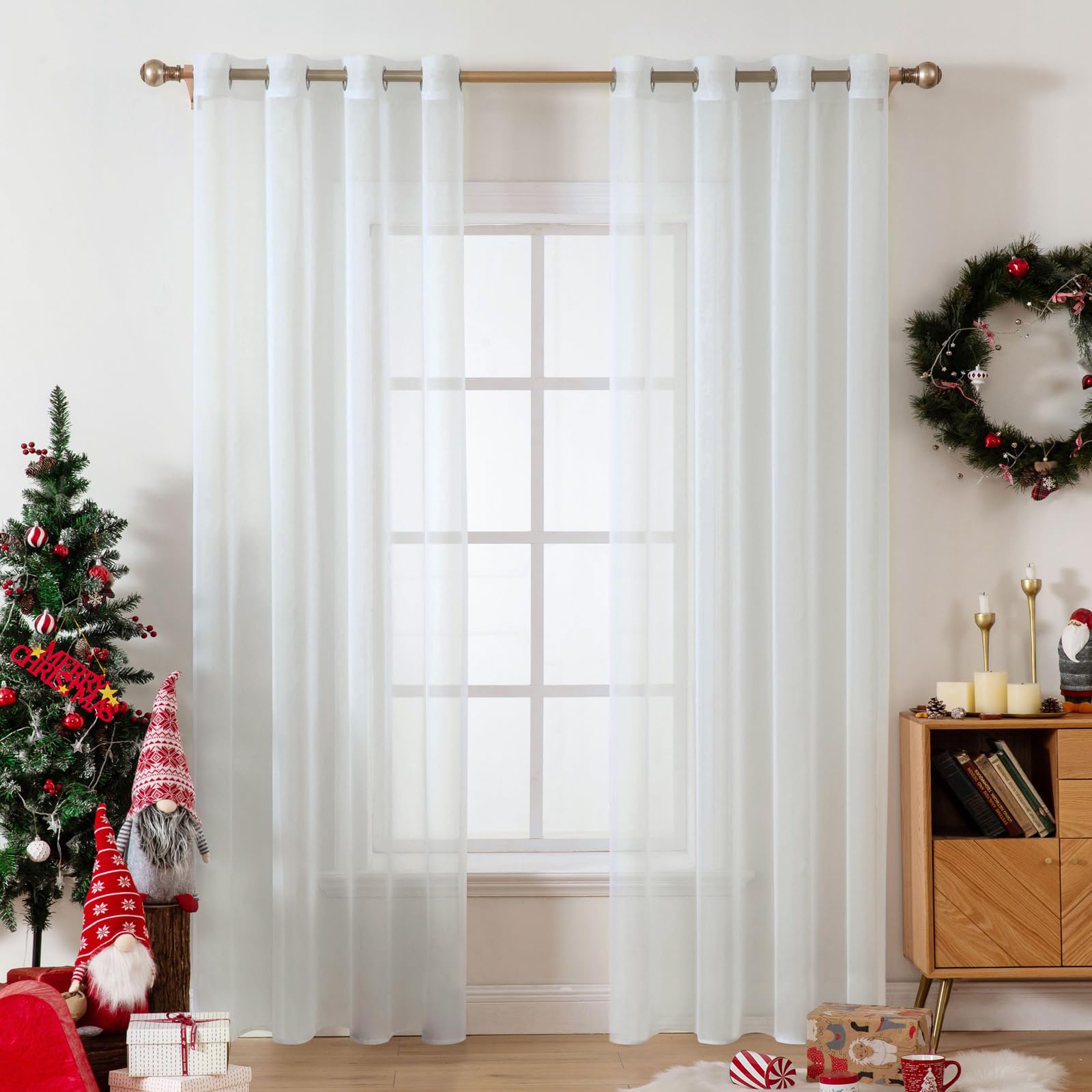 MIULEE Christmas Curtains 2 Panels Solid Color Sheer Window Curtains Smooth Elegant Window Voile Panels/Drapes/Treatment for Bedroom Living Room 55" Wx102 L Ivory, Grommet Top