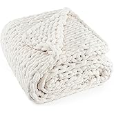 LONG CREATE Chunky Knit Throw Blanket 60"X 80", 100% Handmade with Soft Chenille Yarn, 6.7lbs Thick Cable Knitted Blankets, Large Rope Knot Crochet Throws for Couch Sofa Bed Home Decor, Cream White