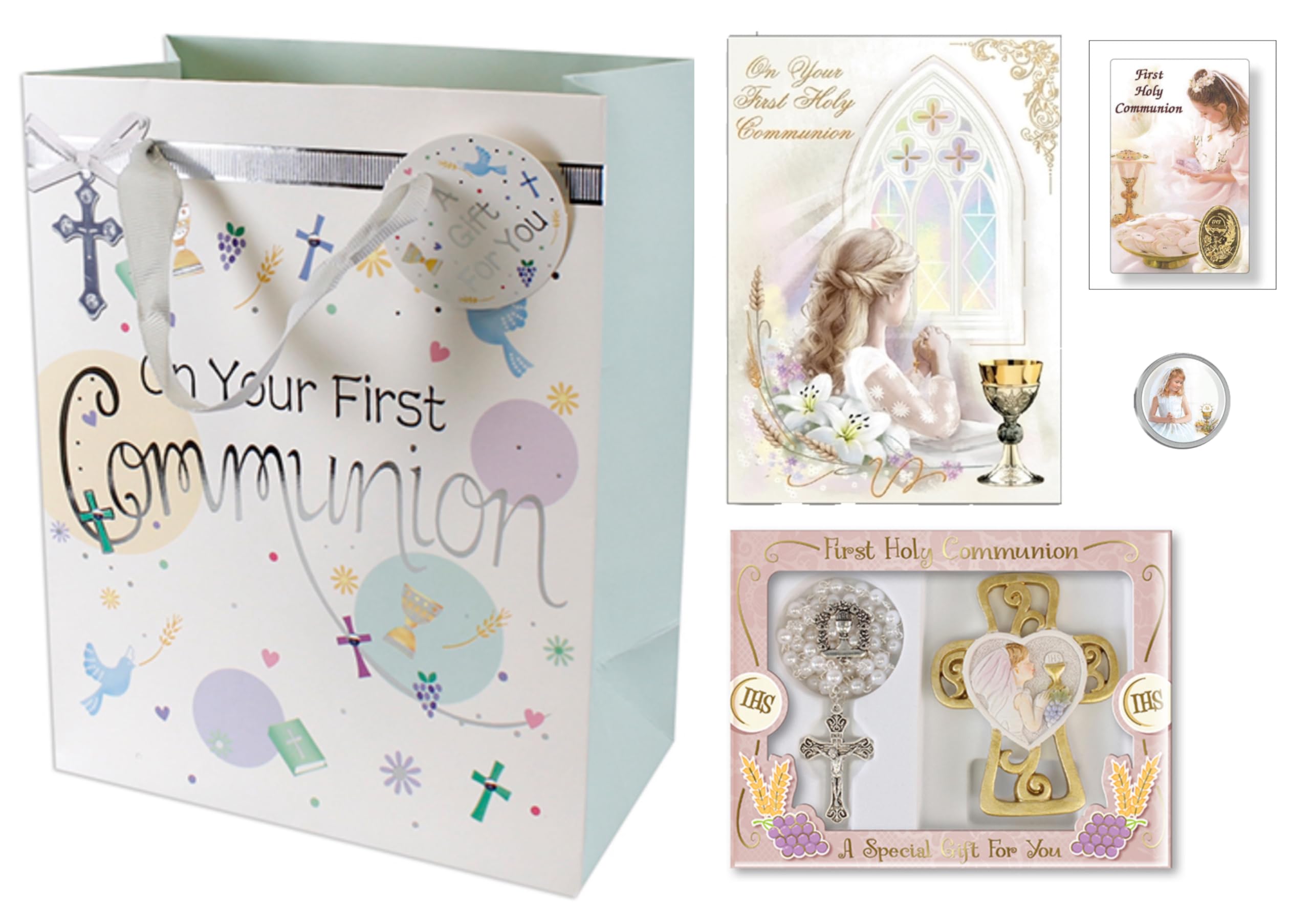 First Communion Gift Set for a Girl, Rosary Beads, Standing Cross, Greetings Card, Prayer Card, Pocket Token in a Gift Bag. Complete Present for 1st Holy Sacrement.