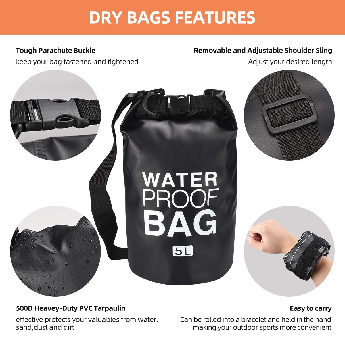 Trentixel Waterproof Dry Bags, Floating Dry Sack with Detachable Shoulder Strap, 5L/10L/20L Large Dry Bag for Fishing, Kayaking, Surfing, Rafting, Hiking and Camping with Waterproof Phone Case