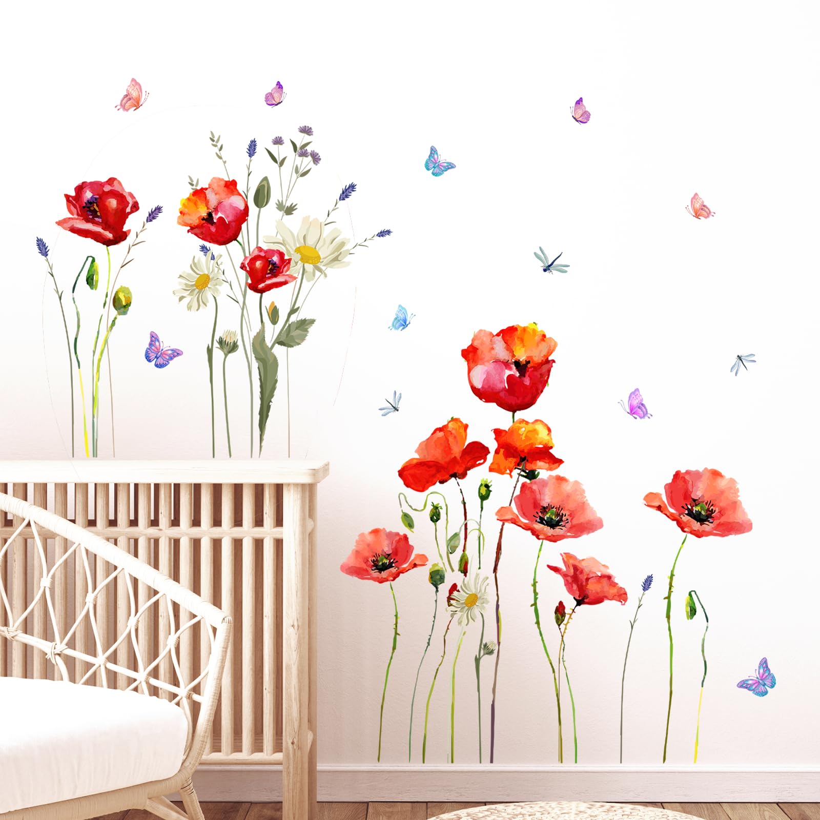 Tanlaby Red Poppy Flowers Wall Stickers Watercolor Floral Butterfly Wall Decals Peel and Stick Art Decor for Living Room Bedroom TV Background