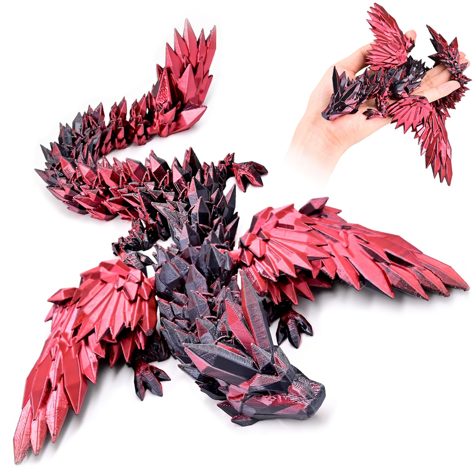 Photo 1 of LOCYFENS 3D Printed Dragon with Wings Flying Dragon, Articulated 3D Dragon Toys, 3D Printed Crystal Wing Dragon Without Dragon Egg, Black RED