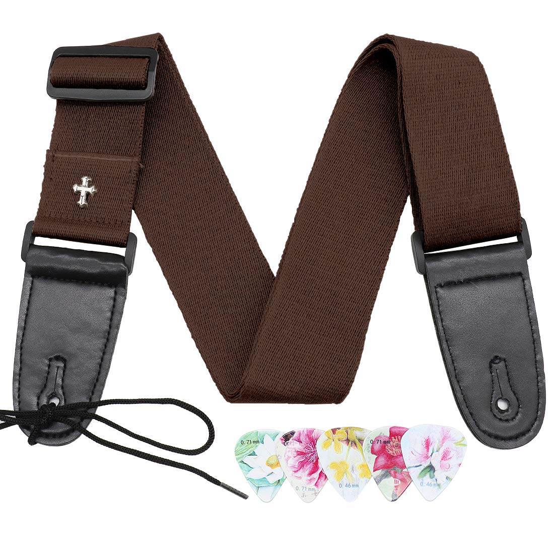 Derbway Adjustable Guitar Strap, with Pick Pocket and Extra 5PCS Picks for Electric Acoustic Guitar, Bass, Ukulele (Brown)