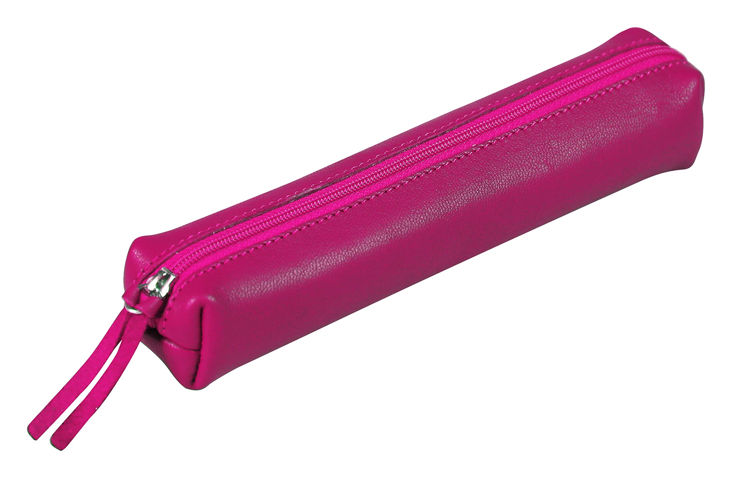 Clairefontaine - Ref 410154C - Coloured Leather Slim Pencil Case - 19.5 x 2.5 x 4cm, Made From Genuine Lambskin Leather, Metal Zip With Leather Puller - Raspberry