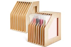 ReliThick 2 Pcs 12x12 Paper Storage Organizer Wood Slope Design Scrapbook File Sorter Storage Shelf for Holding 8 Slot Heat Transfer Paper Portfolio Filing Crate Album Glass Holder for Office School