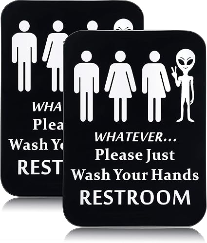 Amazon Co Jp Blulu 2ピース 面白いトイレサイン ユニセックス トイレ バスルーム 店舗 サイン ドア ポリ塩化ビニル シンボル サイン アクセサリー エイリアン 何であっても 手を洗う トイレ 11 8 X 8 5インチ ホーム キッチン