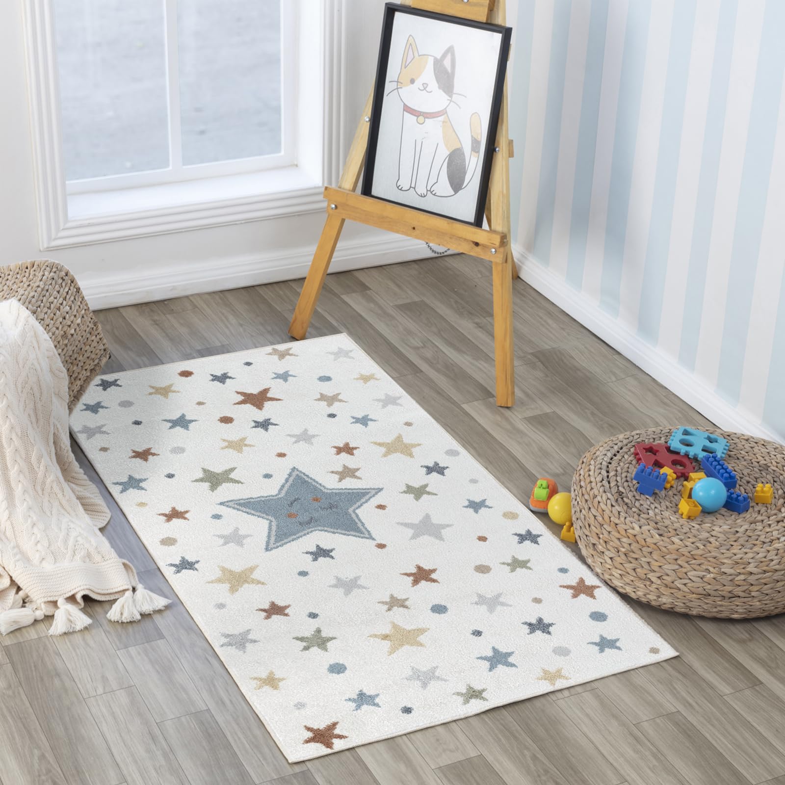 Livabliss Supermama Stars Pattern Rug - Childrens Rugs for Bedroom 80x150 cm, Machine Washable Animal Rug for Girls & Boys Bedroom, Playroom and Nursery Rugs - Girl, Boy, Baby, Kids Carpet, Cream